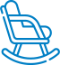 Blaues Umriss-Symbol eines Schaukelstuhls mit Blick nach links, mit geschwungenen Wippen und Armlehnen, auf einem hellen Hintergrund.