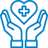 Blauer Umriss von zwei Händen, die ein Herz mit einem medizinischen Kreuz darin schröpfen, als Symbol für Gesundheitsfürsorge, Unterstützung oder medizinische Hilfe.