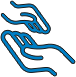 Zwei blau umrandete Hände, eine über der anderen, mit offenen Handflächen, die einander zugewandt sind, symbolisieren Pflege, Unterstützung oder Hilfe.