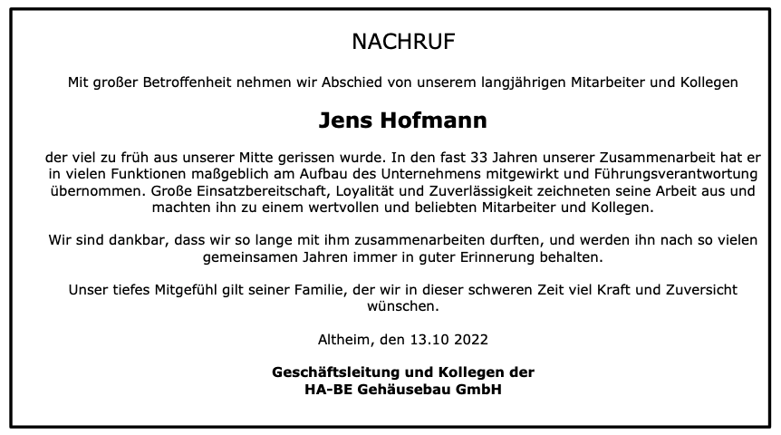 Nachruf Jens Hofmann