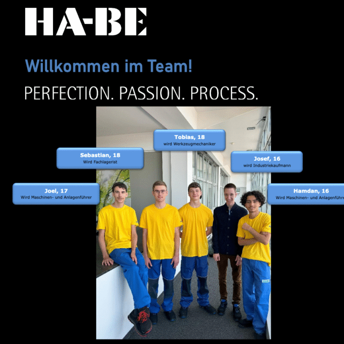 Fünf junge Männer stehen in einem Raum, vier in gelben Hemden und blauen Hosen und einer in einem blauen Outfit, und lächeln in die Kamera. Über ihnen stehen ihre Namen und Ausbildungsberufe in deutscher Sprache. Oben stehen das HA-BE-Logo und der Willkommenstext.